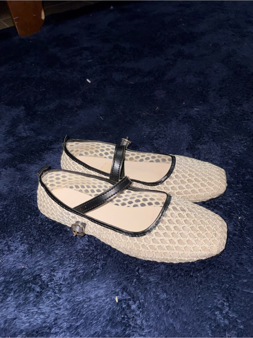 Women’s Beige Mary Jane Flats with Black Trim